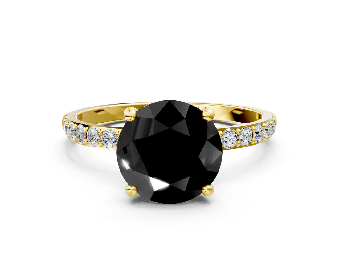 Yellow gold Fancy Black Round Cut Diamond Solitaire Ring with Pave Band and Four Prong Setting_12