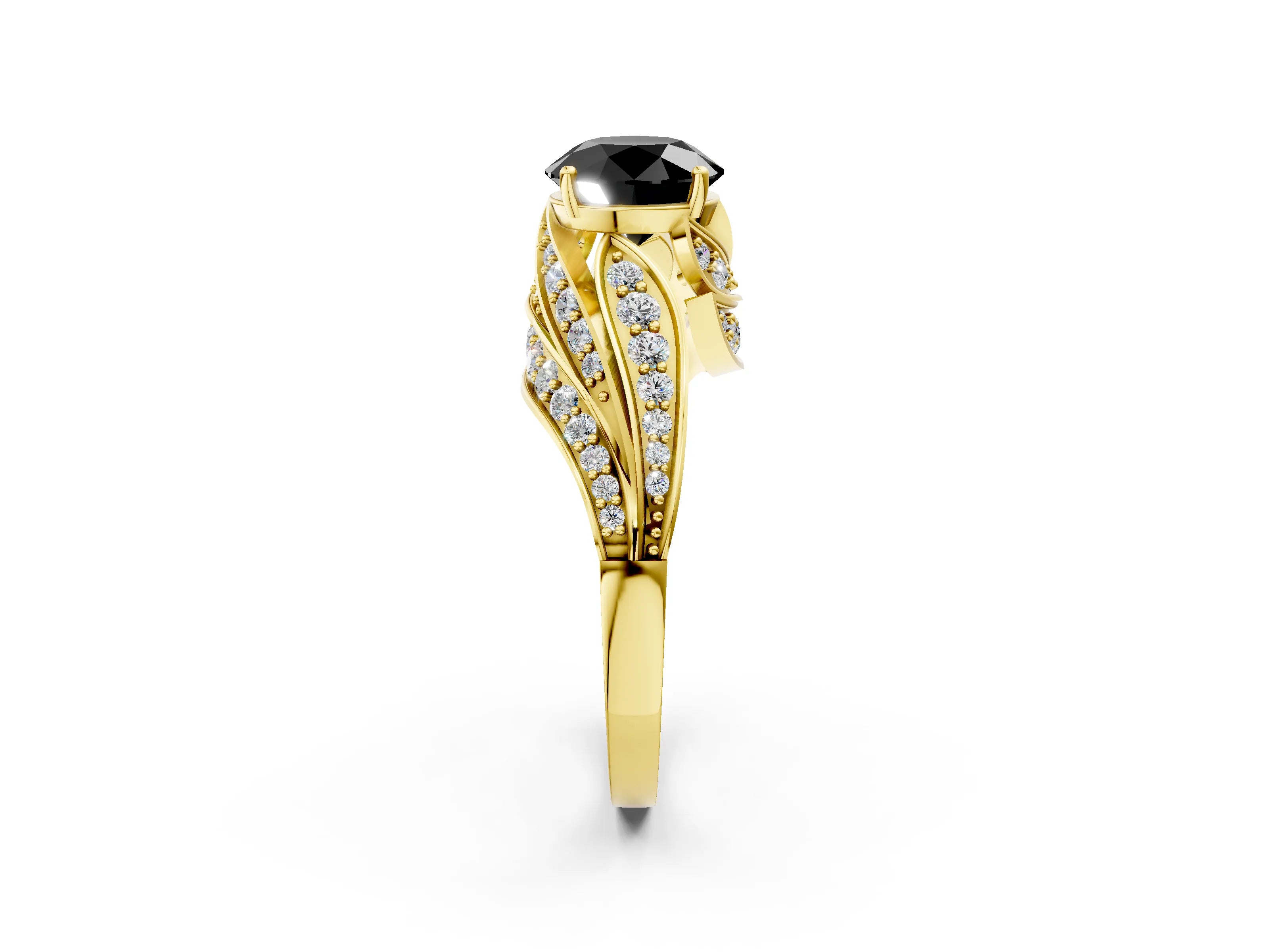 Yellow gold Fancy Black Round Cut Diamond Solitaire Ring with Prong Setting and Twisted Pavé Band_2