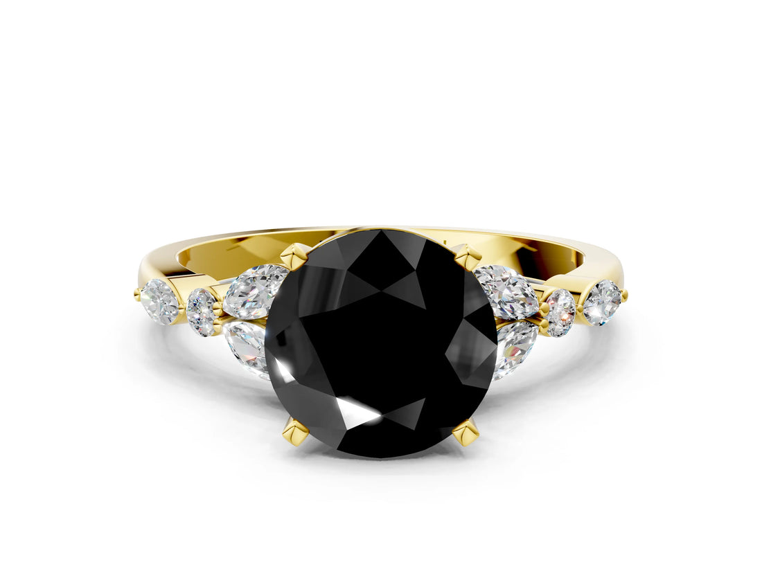 Yellow gold Fancy Black Round Cut Diamond Solitaire Ring with Side Stones and Four-Prong Setting_12