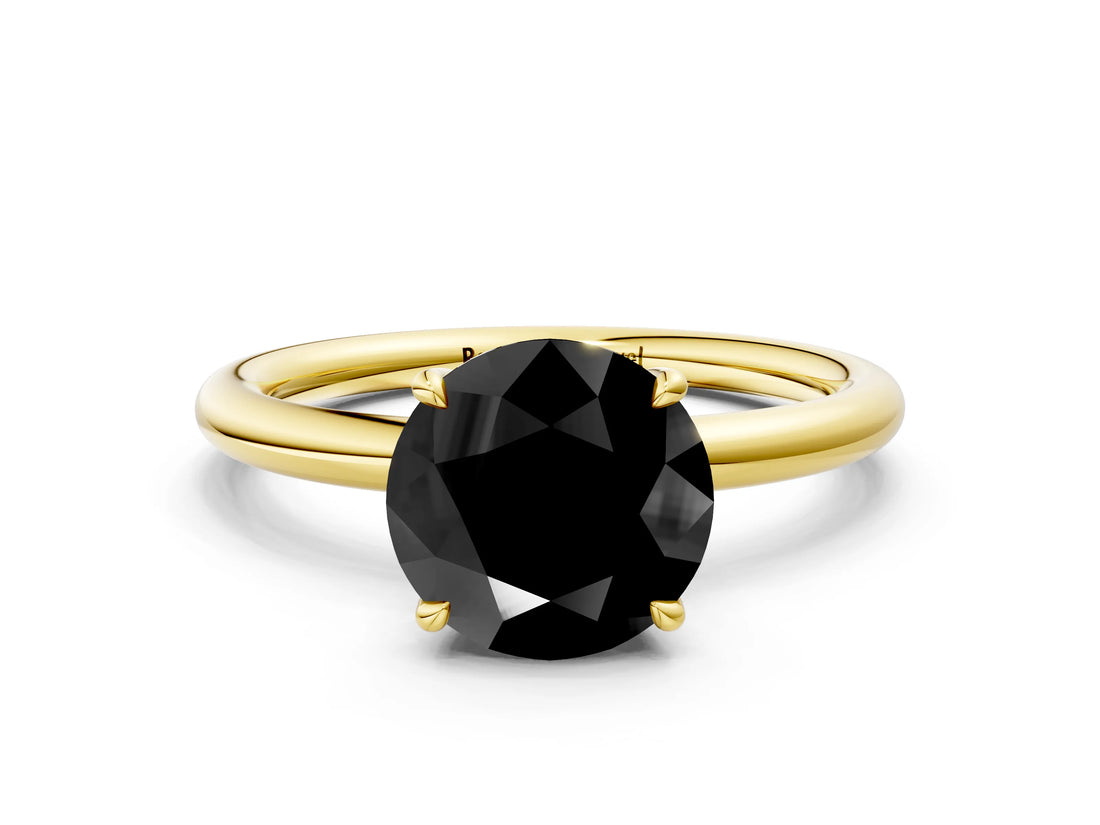 Yellow gold Fancy Black Round Cut Diamond Solitaire Ring with Thin Band and Four-Prong Setting