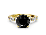 Yellow gold Fancy Black Round Cut Diamond Solitaire with Side Baguettes and Channel Set Band