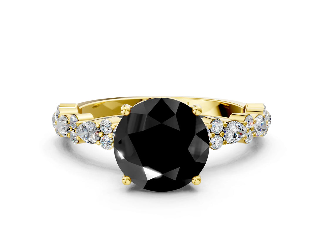 Yellow gold Fancy Black Round Cut Diamond Solitaire with Side Stones, Pave Band, Four-Prong Setting_36