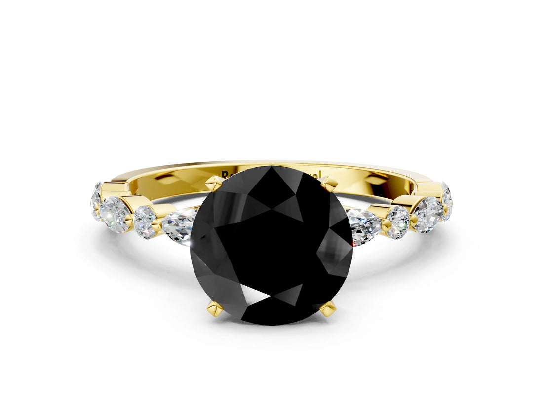 Yellow gold Fancy Black Round Cut Diamond Solitaire with Side Stones on a Pavé Band and Four-Prong Setting