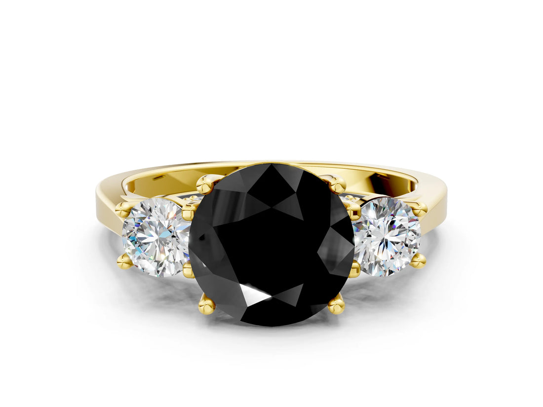 Yellow gold Fancy Black Round Cut Diamond Three-Stone Engagement Ring with Prong Setting and Pavé Band