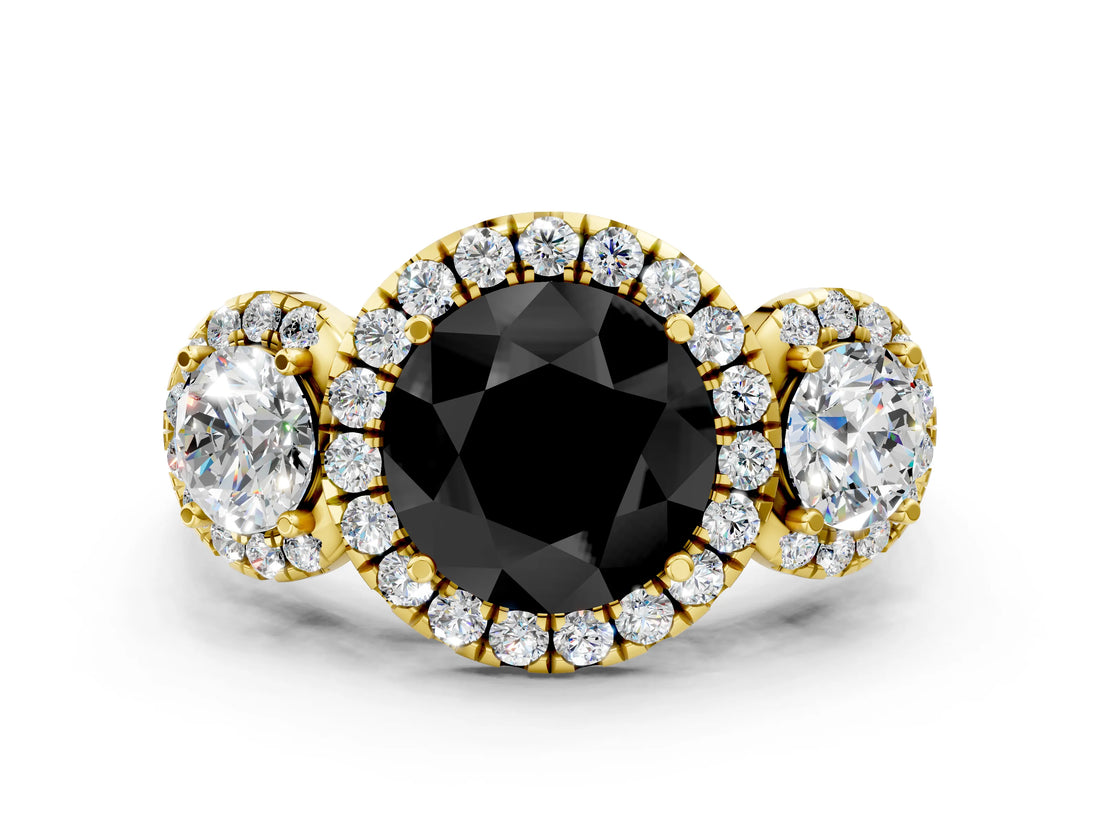Yellow gold Fancy Black Round Cut Diamond Three-Stone Halo Ring with Prong Setting and Pavé Accents