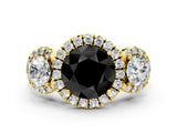 Yellow gold Fancy Black Round Cut Diamond Three-Stone Halo Ring with Prong Setting and Pavé Accents