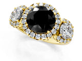 Yellow gold Fancy Black Round Cut Diamond Three-Stone Halo Ring with Prong Setting and Pavé Accents_1