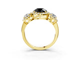 Yellow gold Fancy Black Round Cut Diamond Three-Stone Halo Ring with Prong Setting and Pavé Accents_3