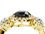 Yellow gold Fancy Black Round Cut Diamond Three-Stone Halo Ring with Prong Setting and Pavé Accents_4