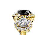 Yellow gold Fancy Black Round Cut Diamond Three-Stone Halo Ring with Prong Setting and Pavé Accents_5
