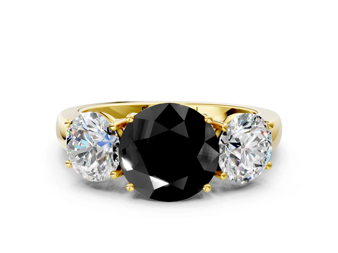 Yellow gold Fancy Black Round Cut Diamond Three-Stone Ring with Four-Prong Setting and Classic Band