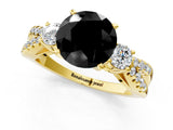 Yellow gold Fancy Black Round Cut Diamond Three-Stone Ring with Pavé Split Shank and Four-Prong Setting_1