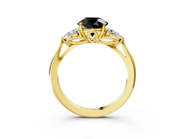 Yellow Gold Round Three Stone Engagement Ring Setting for Black Center with Pear Side Stones