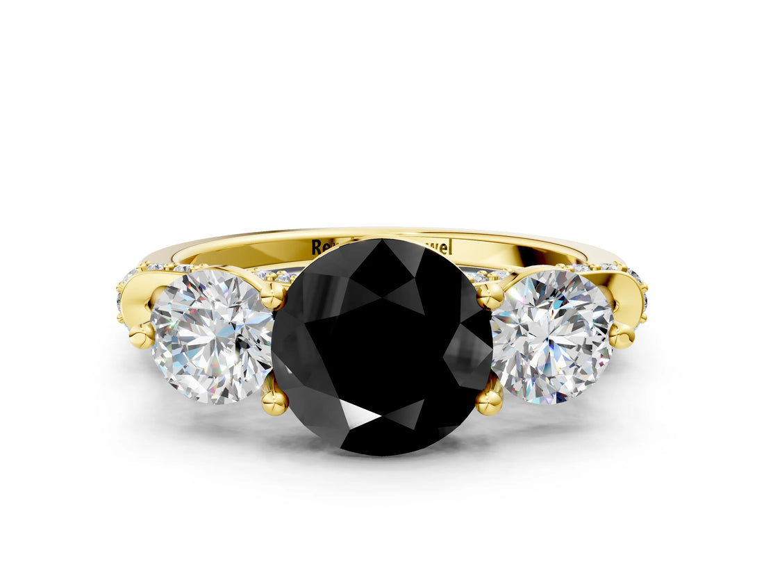 Yellow gold Fancy Black Round Cut Diamond Three-Stone Ring with Prong Setting and Pavé Band