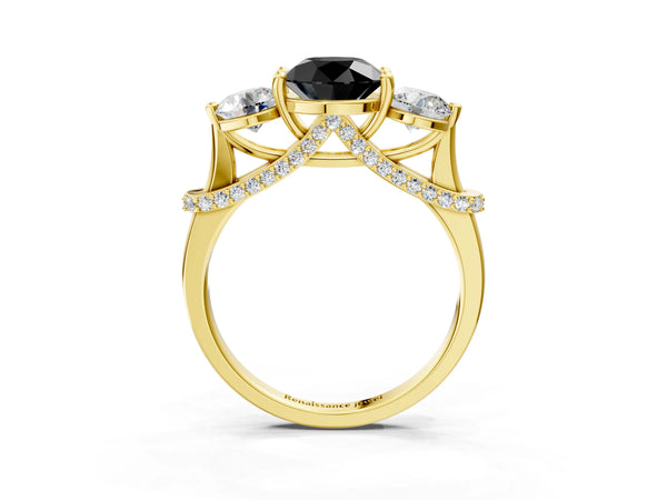 Yellow Gold Round Curved Pave Three Stone Engagement Ring Setting for Black Center