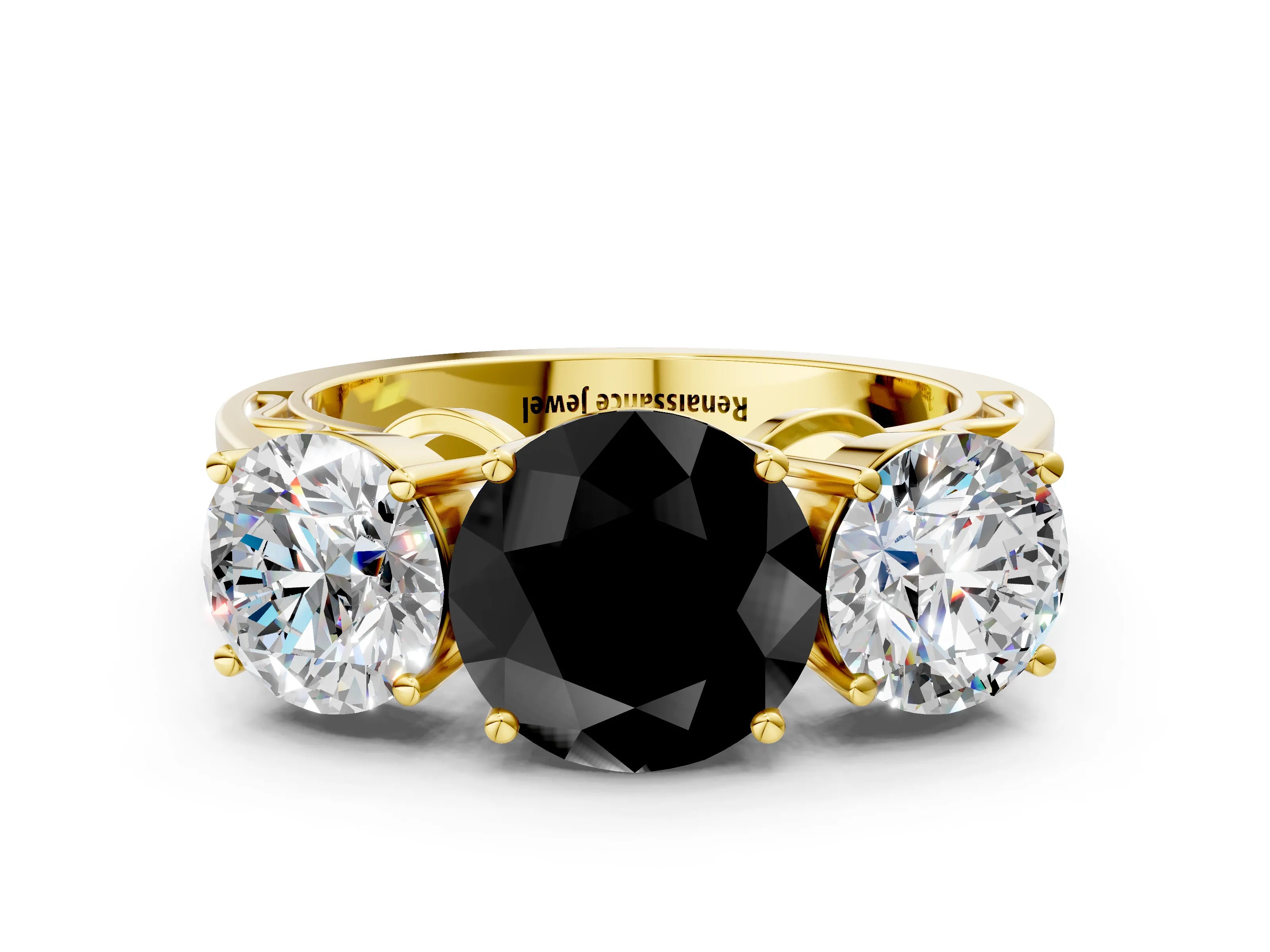 Yellow gold Fancy Black Round Cut Diamond Three-Stone Ring with Prong Setting and Textured Band