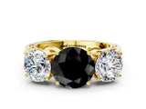Yellow gold Fancy Black Round Cut Diamond Three-Stone Ring with Prong Setting and Textured Band
