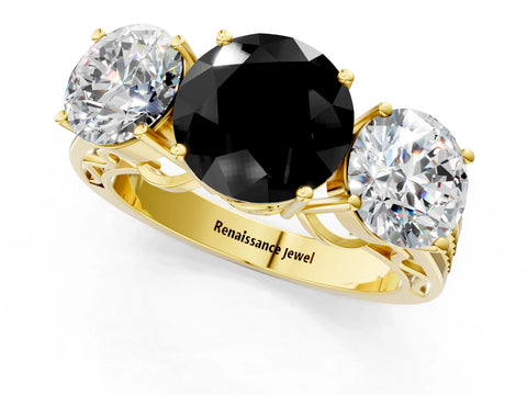 Yellow gold Fancy Black Round Cut Diamond Three-Stone Ring with Prong Setting and Textured Band_1
