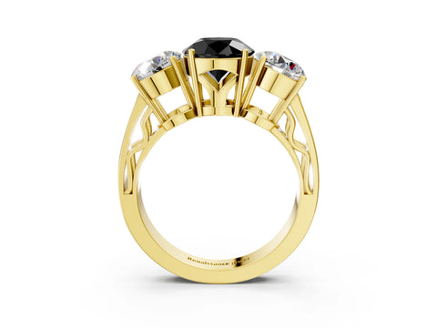 Yellow gold Fancy Black Round Cut Diamond Three-Stone Ring with Prong Setting and Textured Band_3