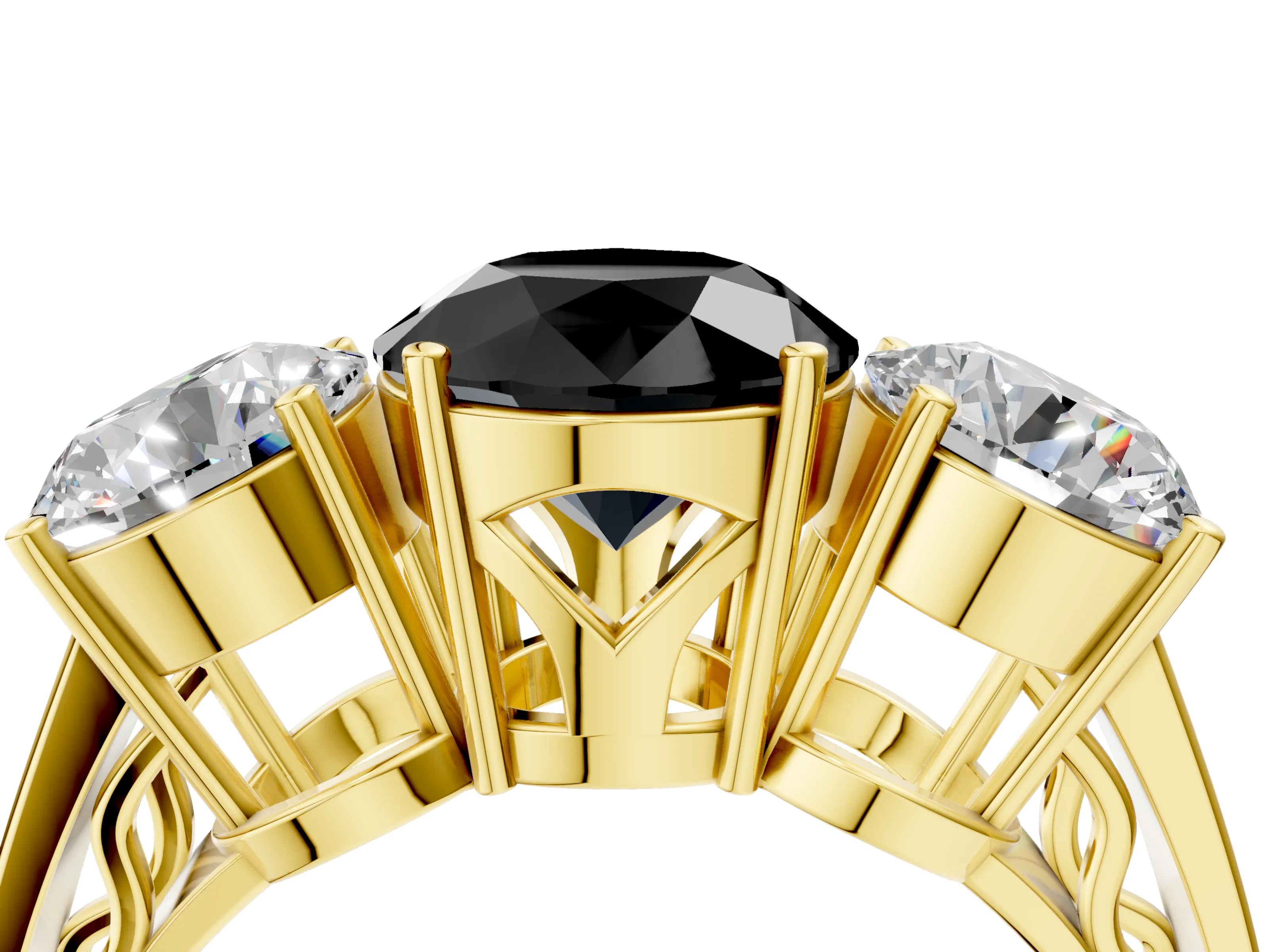 Yellow gold Fancy Black Round Cut Diamond Three-Stone Ring with Prong Setting and Textured Band_4
