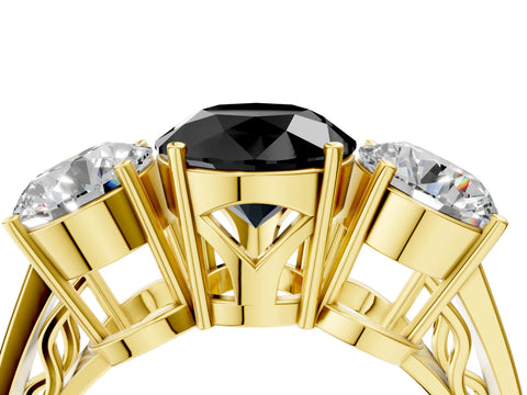 Yellow gold Fancy Black Round Cut Diamond Three-Stone Ring with Prong Setting and Textured Band_4