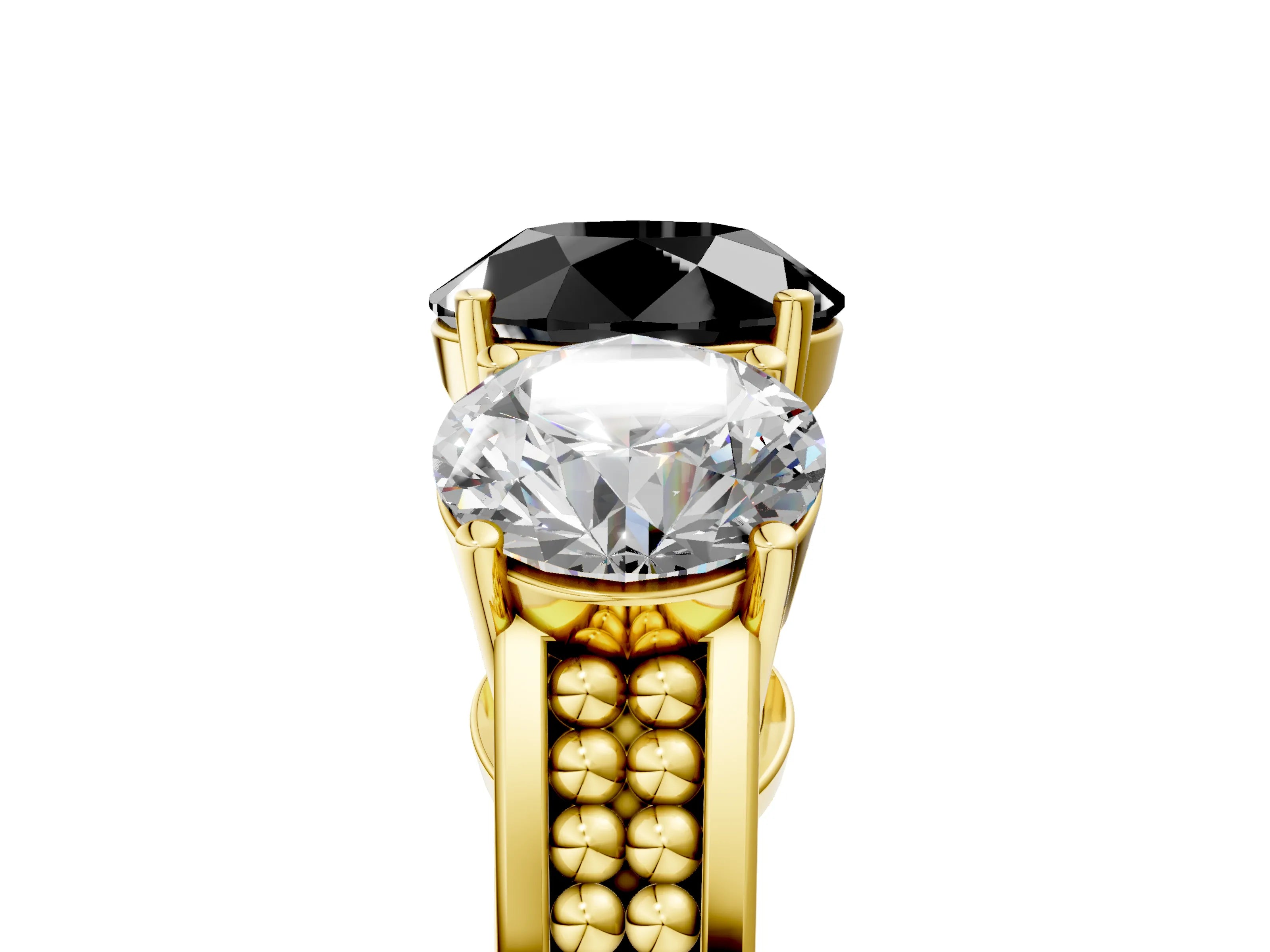 Yellow gold Fancy Black Round Cut Diamond Three-Stone Ring with Prong Setting and Textured Band_5