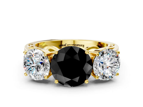 Yellow gold Fancy Black Round Cut Diamond Three-Stone Ring with Prong Setting and Textured Band