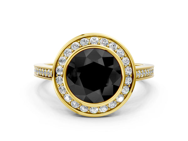Yellow gold Fancy Black Round Cut Halo Bezel Diamond Pave Band Ring