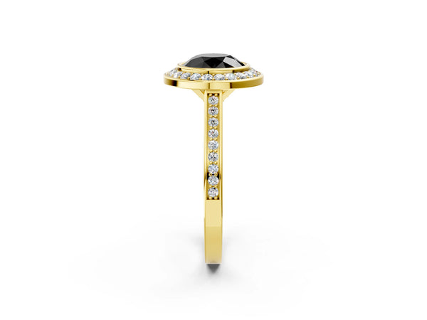Yellow gold Fancy Black Round Cut Halo Bezel Diamond Pave Band Ring