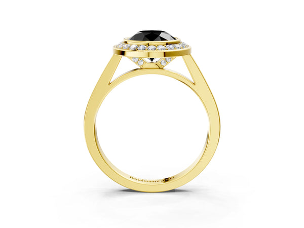 Yellow gold Fancy Black Round Cut Halo Bezel Diamond Pave Band Ring