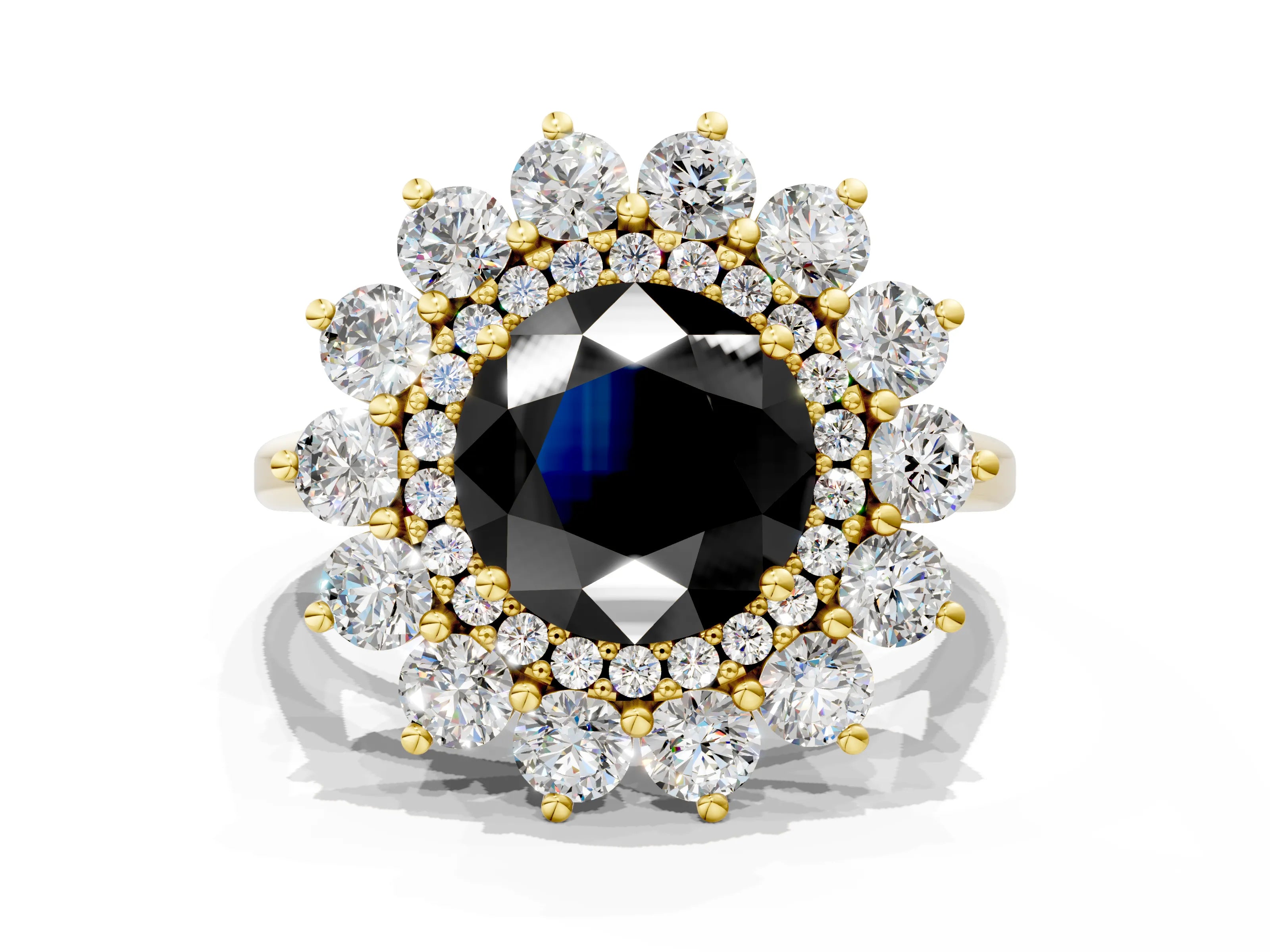 Yellow gold Fancy Black Round Cut Halo Cluster Diamond Ring with Pave Band and Four-Prong Setting