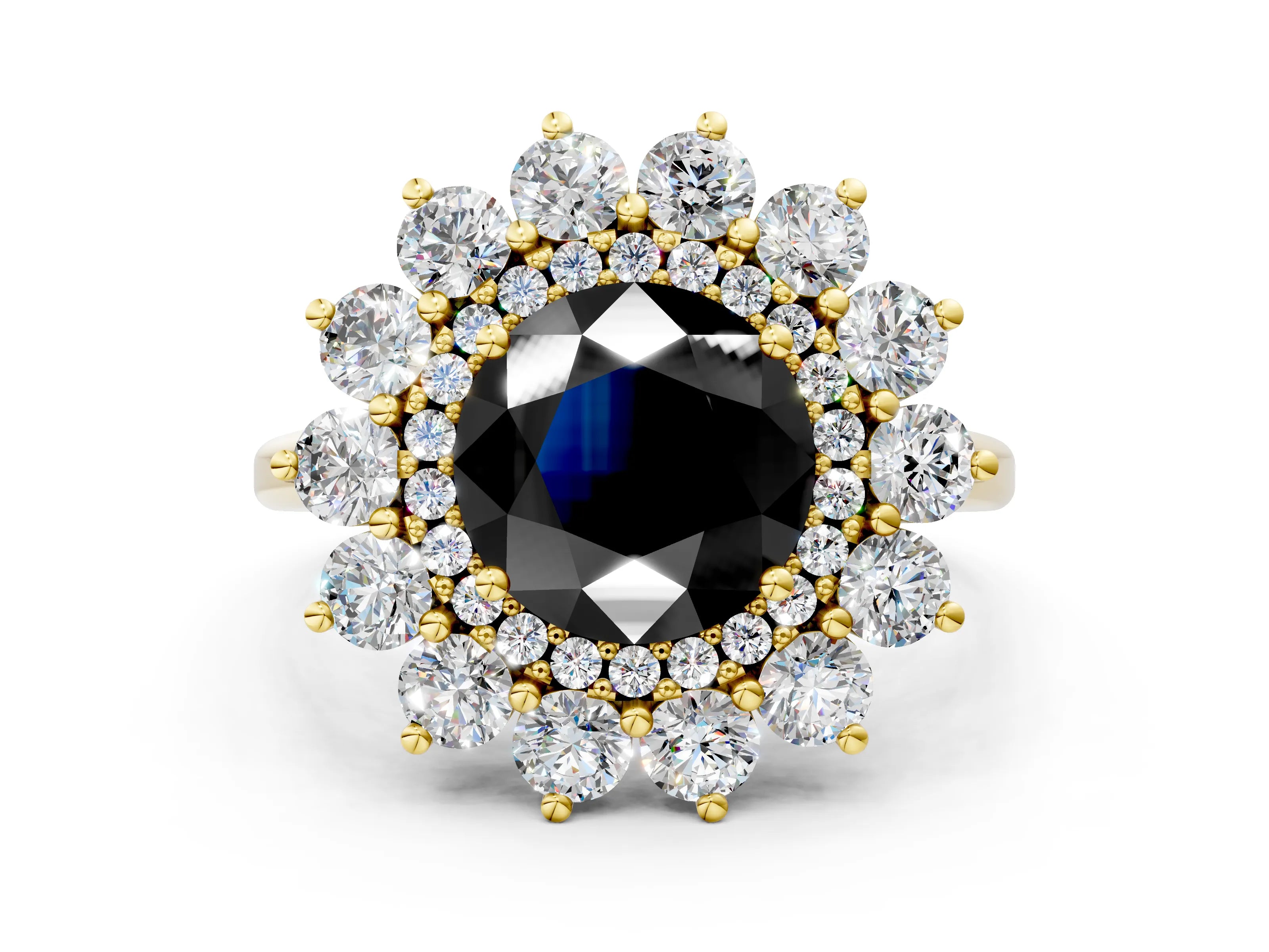 Yellow gold Fancy Black Round Cut Halo Cluster Diamond Ring with Pave Band and Four-Prong Setting_12