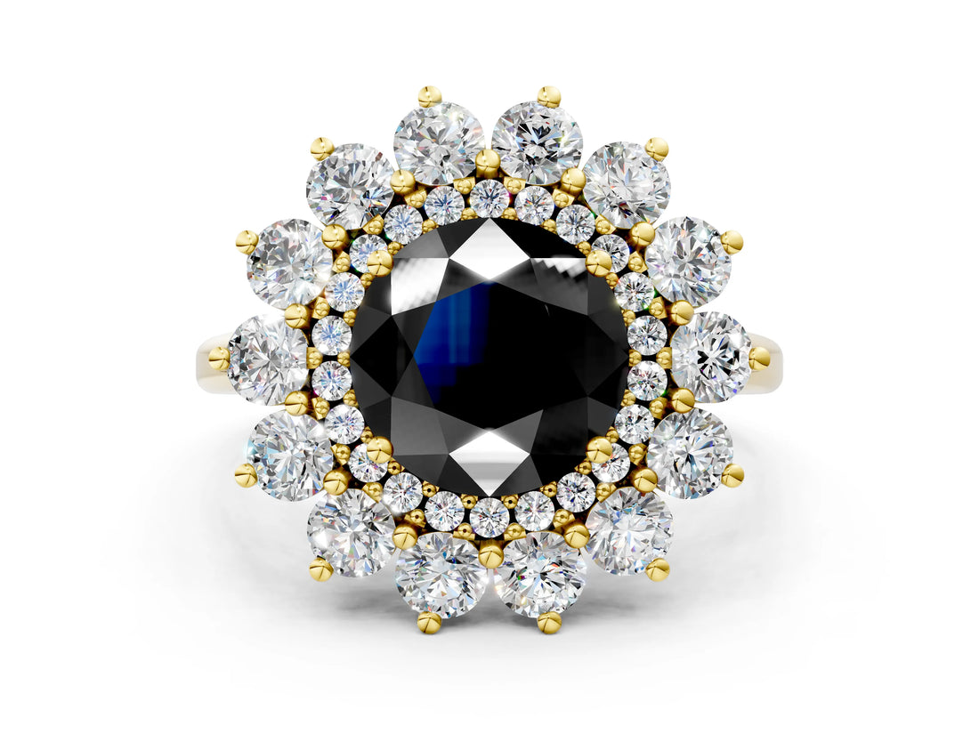 Yellow gold Fancy Black Round Cut Halo Cluster Diamond Ring with Pave Band and Four-Prong Setting_12