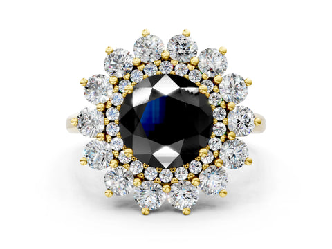 Yellow gold Fancy Black Round Cut Halo Cluster Diamond Ring with Pave Band and Four-Prong Setting_12