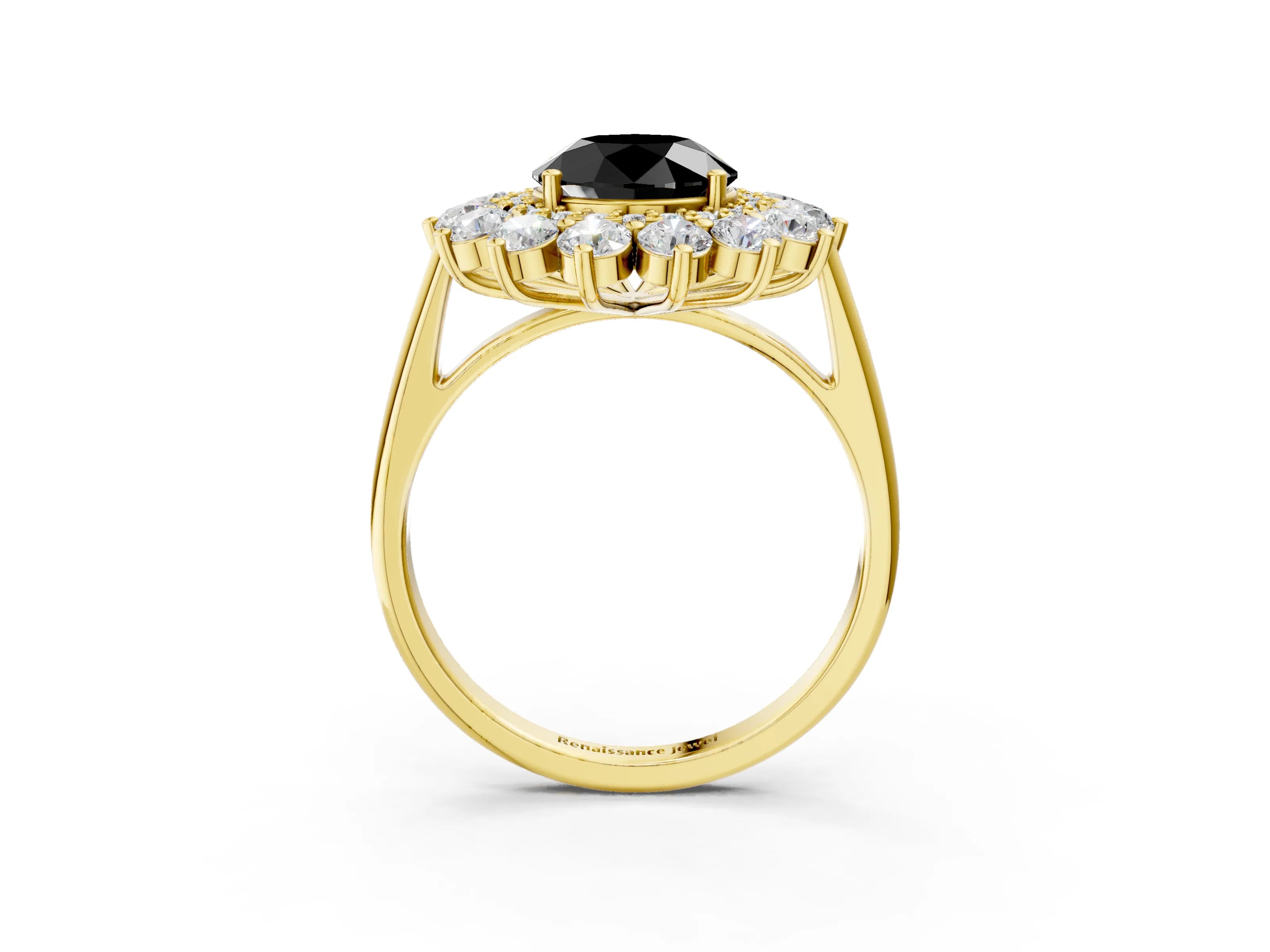 Yellow gold Fancy Black Round Cut Halo Cluster Diamond Ring with Pave Band and Four-Prong Setting_15