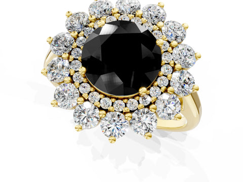 Yellow gold Fancy Black Round Cut Halo Cluster Diamond Ring with Pave Band and Four-Prong Setting_1