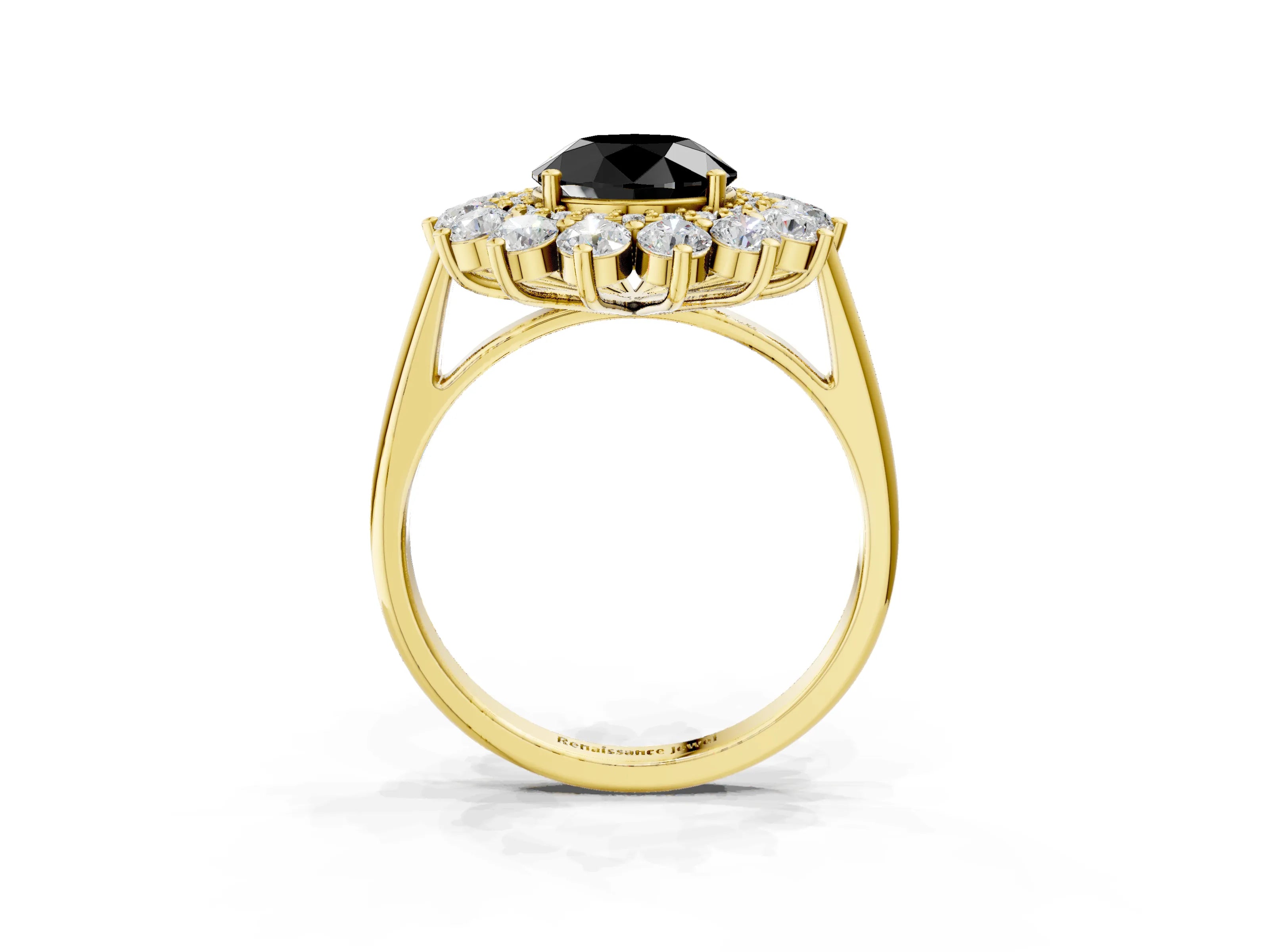 Yellow gold Fancy Black Round Cut Halo Cluster Diamond Ring with Pave Band and Four-Prong Setting_3