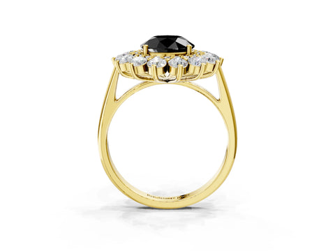 Yellow gold Fancy Black Round Cut Halo Cluster Diamond Ring with Pave Band and Four-Prong Setting_3