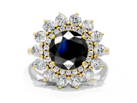Yellow gold Fancy Black Round Cut Halo Cluster Diamond Ring with Pave Band and Four-Prong Setting