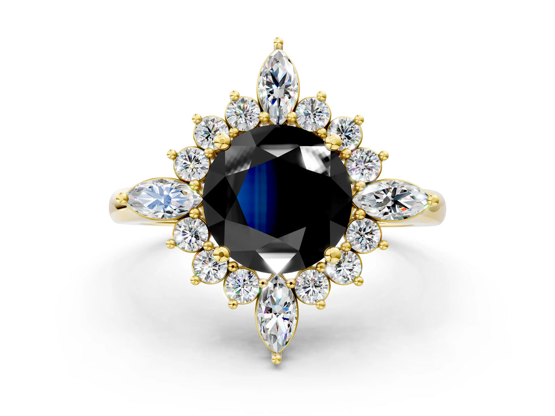 Yellow gold Fancy Black Round Cut Halo Diamond Cluster Ring with Marquise and Round Stones on a White Gold Band with Prong Setting