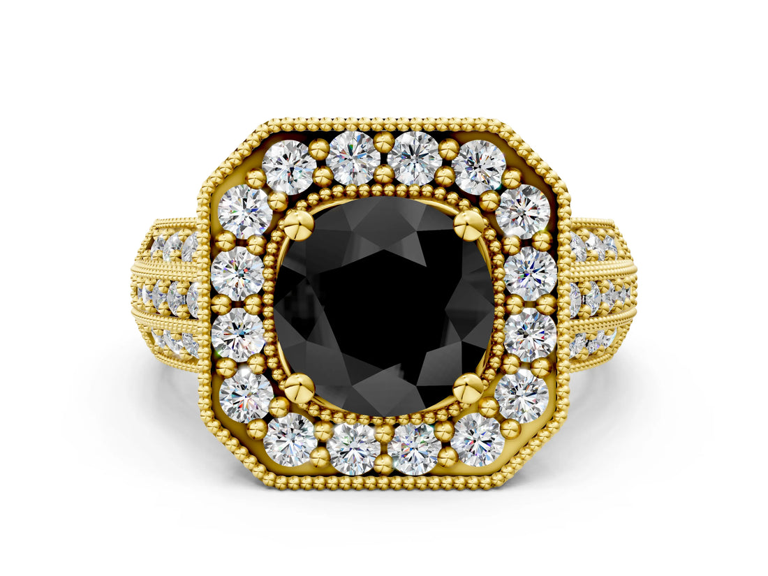 Yellow gold Fancy Black Round Cut Halo Diamond Engagement Ring with Pave Split Shank and Four-Prong Setting_12