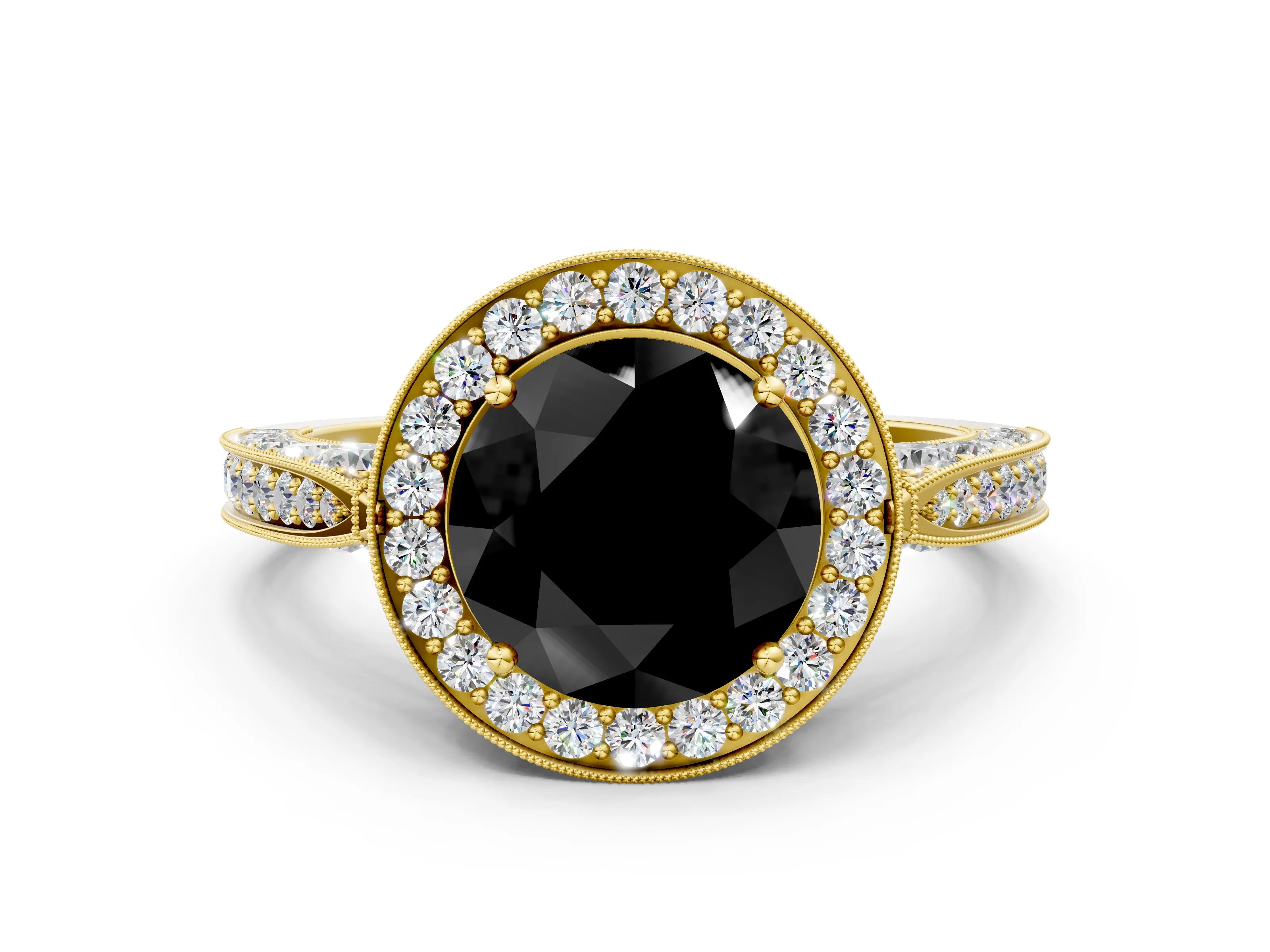 Yellow gold Fancy Black Round Cut Halo Diamond Engagement Ring with Split Shank Band and Four-Prong Setting