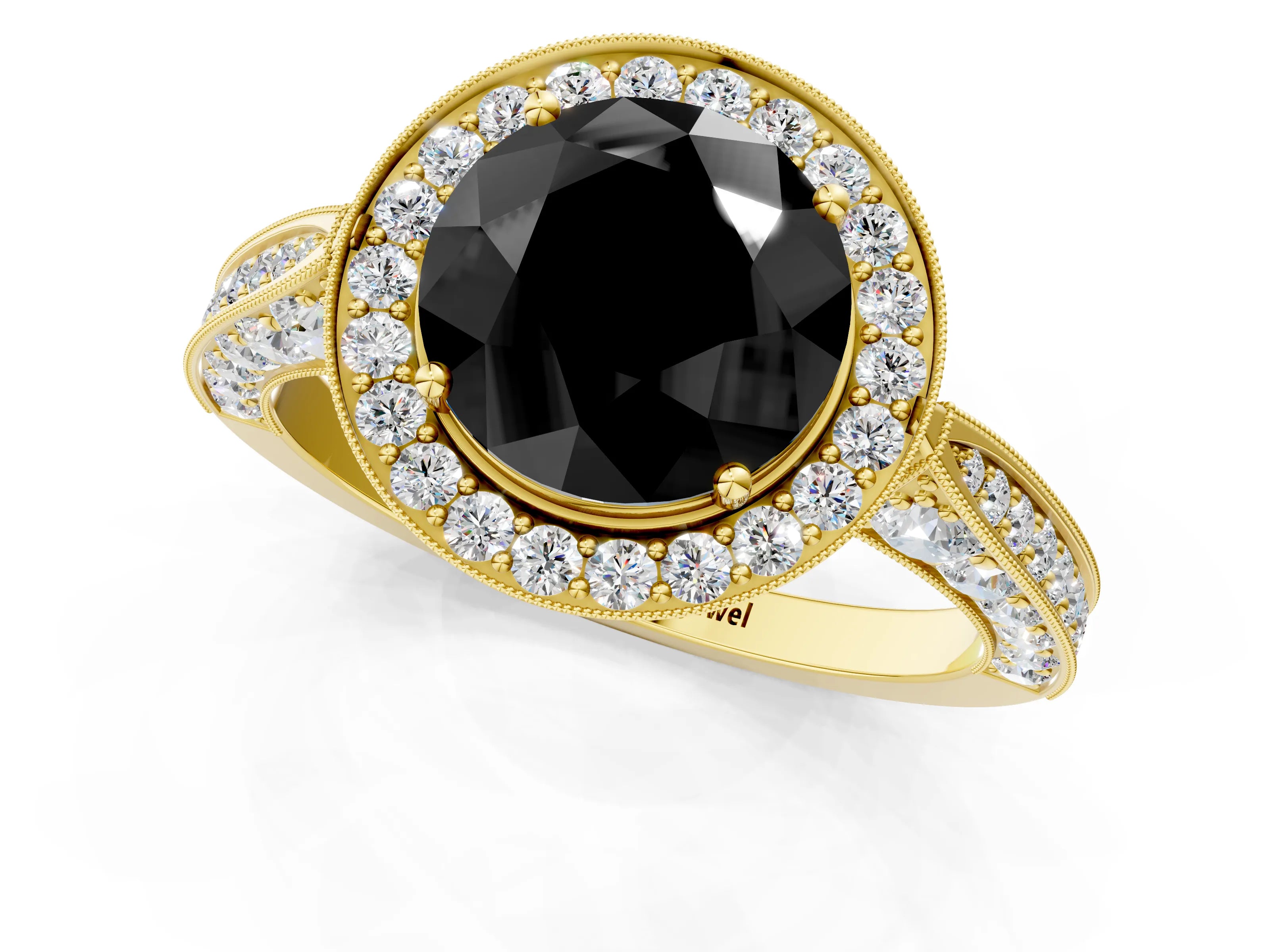 Yellow gold Fancy Black Round Cut Halo Diamond Engagement Ring with Split Shank Band and Four-Prong Setting_1