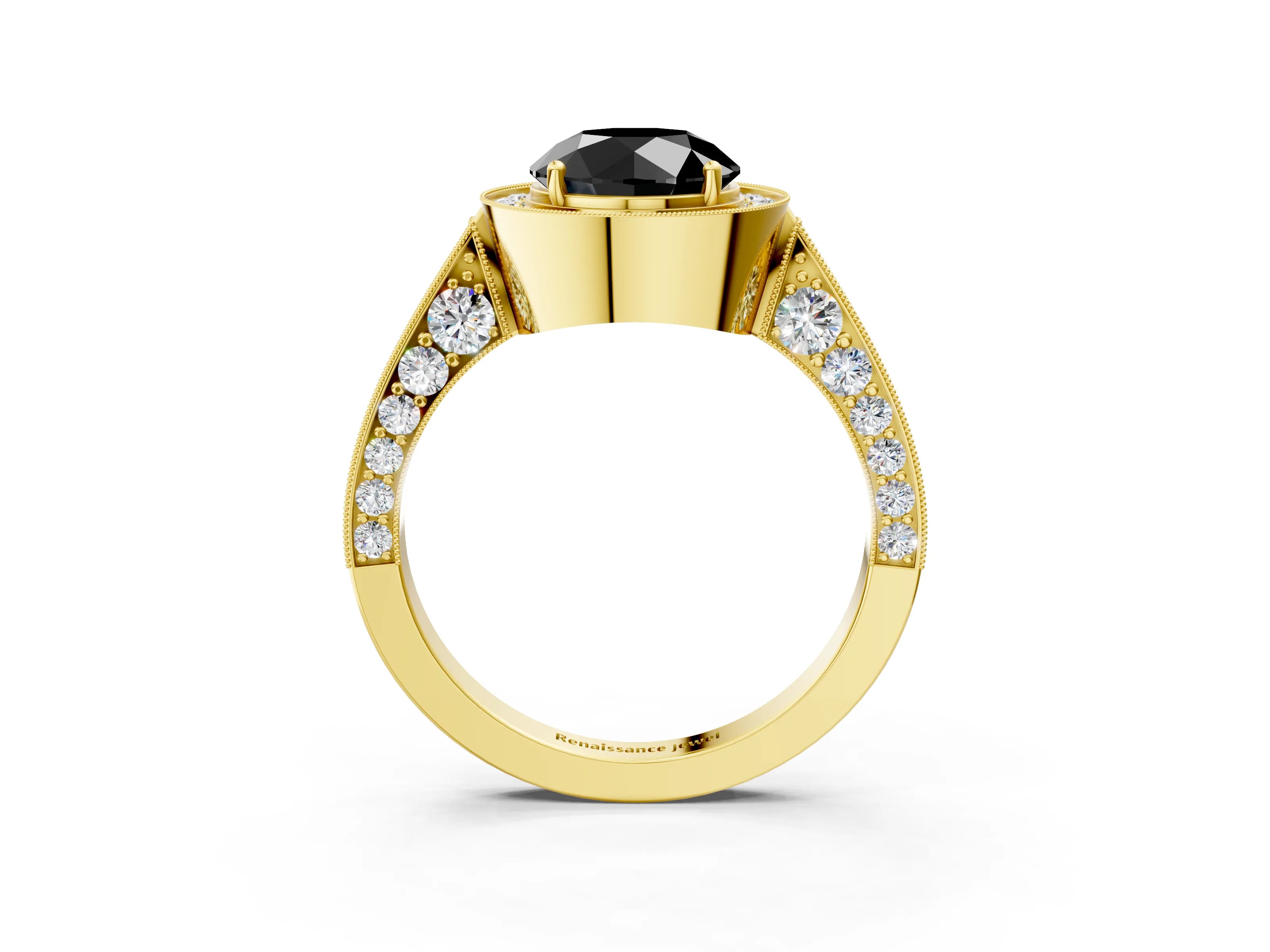 Yellow gold Fancy Black Round Cut Halo Diamond Engagement Ring with Split Shank Band and Four-Prong Setting_3