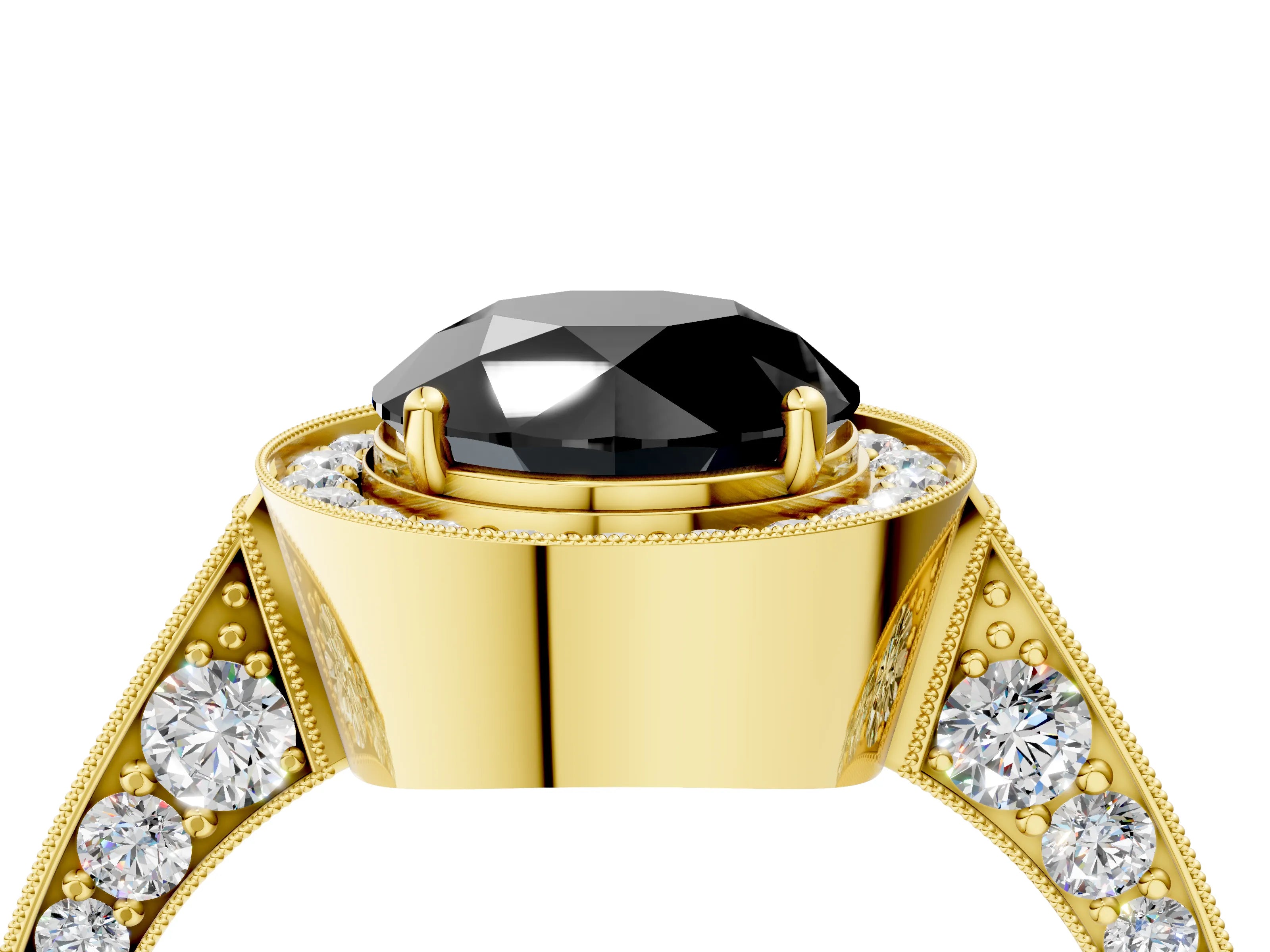 Yellow gold Fancy Black Round Cut Halo Diamond Engagement Ring with Split Shank Band and Four-Prong Setting_4