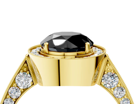 Yellow gold Fancy Black Round Cut Halo Diamond Engagement Ring with Split Shank Band and Four-Prong Setting_4