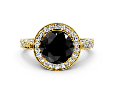 Yellow gold Fancy Black Round Cut Halo Diamond Engagement Ring with Split Shank Band and Four-Prong Setting