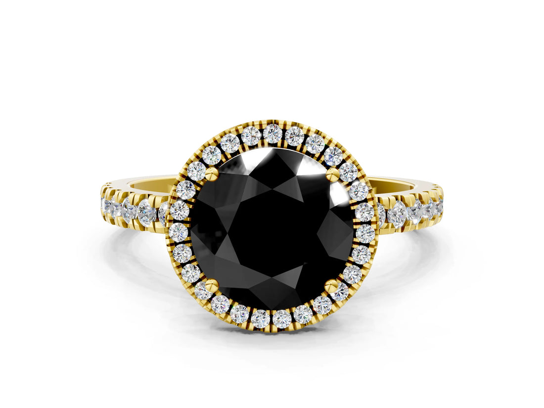 Yellow gold Fancy Black Round Cut Halo Diamond Pave Band with Prong Setting