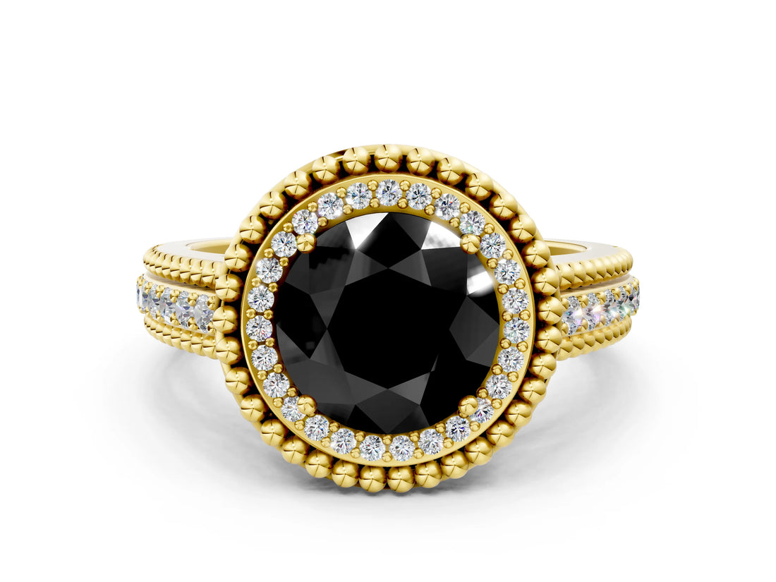 Yellow gold Fancy Black Round Cut Halo Diamond Ring with Beaded Split Shank and Four-Prong Setting
