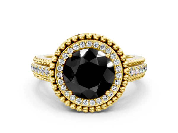 Yellow Gold Round Beaded Halo Engagement Ring Setting for Black Center with Pave